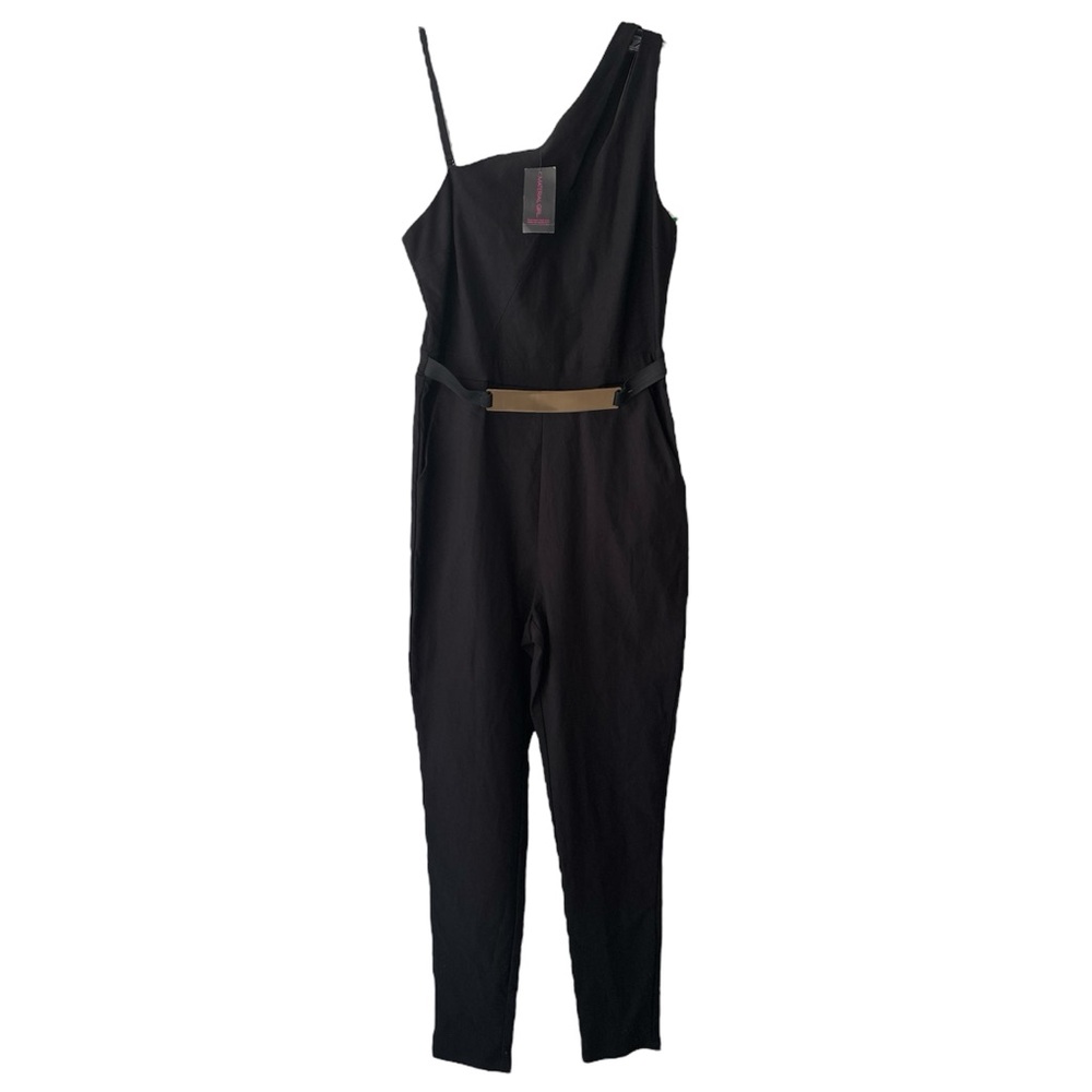 NWT Material Girl Womens One Shoulder Black Jumpsuit Sleeveless Gold Belt Large